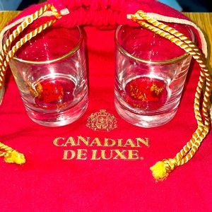 Two Vintage Canadian Club Gold Label 2oz Measuring Shot Glasses & CD Red Bag